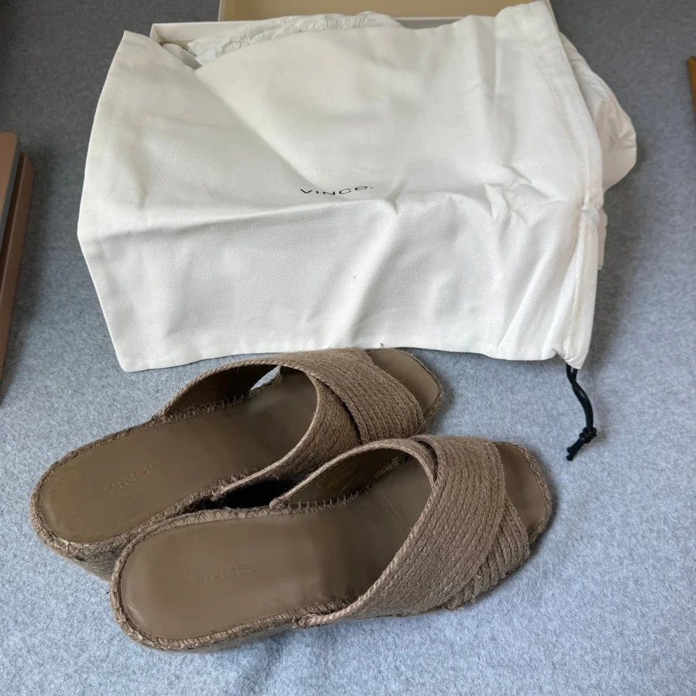 Vince Gaelan Taupe Wedge Sandals Espadrille Heels Criss Cross Slip On US 9 EU 39